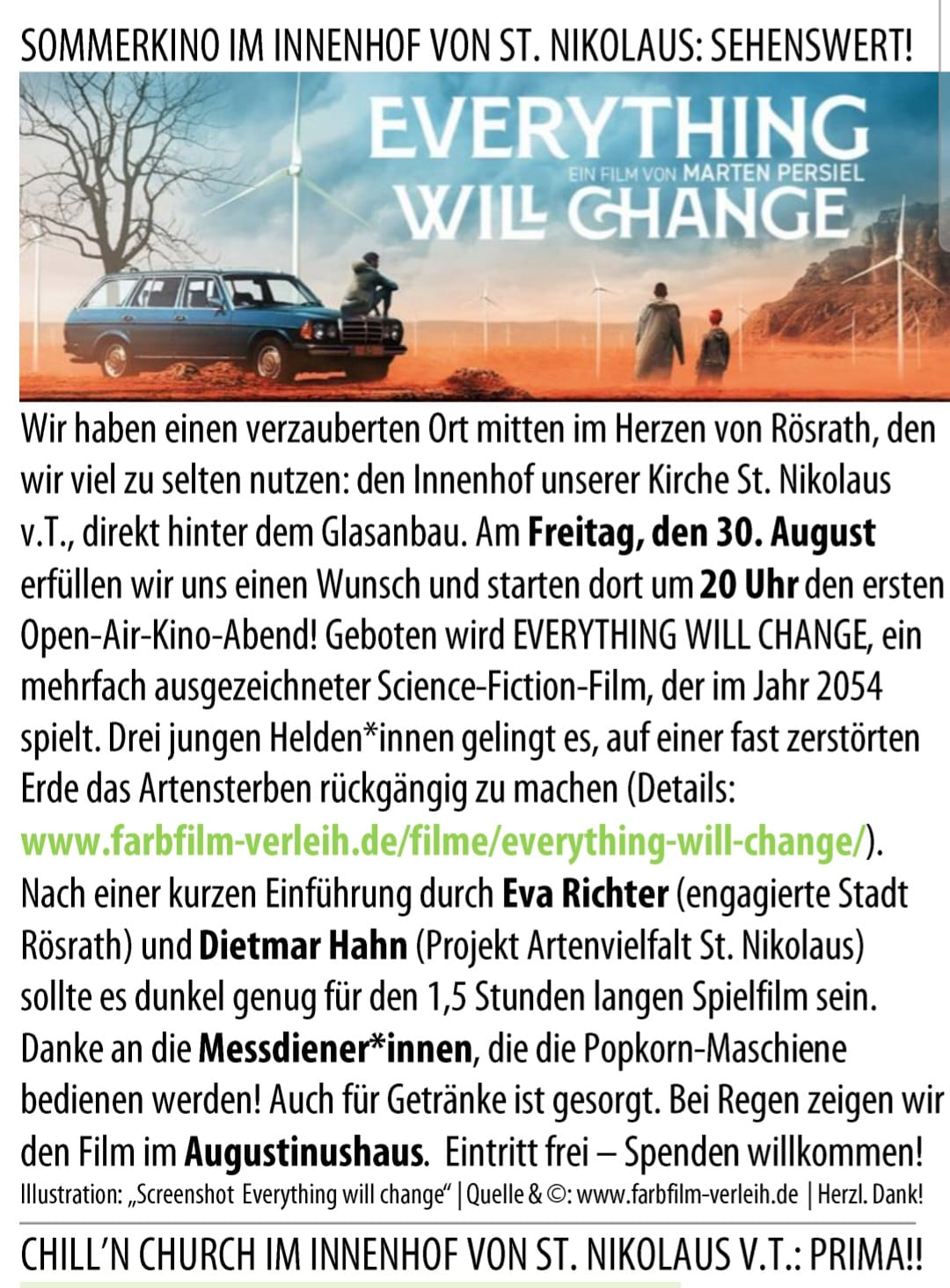 Einladungstext und Foto zum Sommerkino St. Nikolaus Rösrath